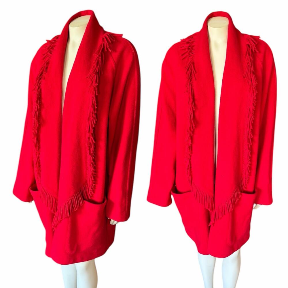 Andrea Jovine Womens Boiled Wool Fringe Oversized Jacket Red Wool Vintage Medium